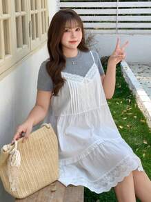 Dazy Plus Contrast Lace A-Line Long Casual Summer Tank Tops & Cami For Teen Girls,Ruffle