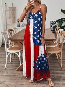 SHEIN 女式休闲长吊带连衣裙，饰有美国国旗印花
