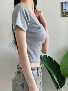 DAZY Women's Oversized Round Neck Letter Embroidery Cropped Short Sleeve T-Shirt With Bow, Grey, Spring/Summer