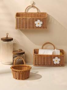 1-Pack Woven Rattan Storage Basket - Farmhouse Style Rustic Picnic & Wedding Decor, Wall-Mounted/Portible Organizer For Kitchen (Onions/Eggs/Snacks), Bathroom, Easter Display, Boho Plant Hanger With Mixed Metal Frame