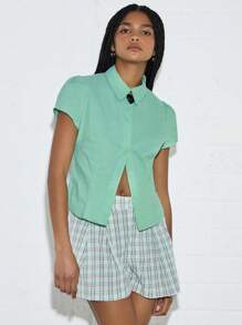 COUREZ Fitted Short Sleeves Shirt With Puff Sleeve ,Summer For Women ,Summer Top Going Out Top Casual ,Y2K Vacation Holiday 100% Cotton Vintage - Green - View 7