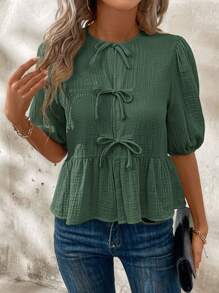 SHEIN Clasi 女式夏季蝴蝶结前褶边下摆泡泡袖可爱彼得潘领衬衫 - 青碧色 - 查看 4