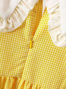 Girls' Gingham Print Ruffled Collar Lantern Sleeve Midi Dress With Floral Decor, Suitable For Casual Wear, Outings, Family Gatherings, Great Choice For Young Young Girl