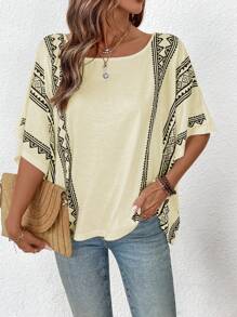 SHEIN LUNE 女士夏季休闲针织蝙蝠袖宽松印花T恤 - 彩色 - 查看 3