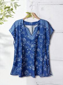 EMERY ROSE Plus Size Raglan Sleeves Combination Pattern Positioning Print Hem Split Design Notch V Neck Women's Tunic Shirt Country Casual Holiday Bohemian Suitable For Spring And Summer Loose Fit