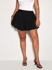 SHEIN BAE Plus Size Women's Black Wide Leg Flare Skort Shorts, Loose, Comfy, Elastic Waist, High-Waisted, Jean Shorts, Black Shorts, Summer Shorts, Plus Size Shorts, High Waisted Shorts, Ruffle Shorts, Micro Shorts, Mini Shorts, Beach Shorts, Bermuda Jeans