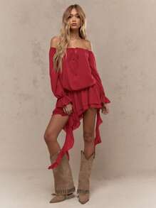 MISSGUIDED Asymmetric Ruffle Long Balloon Sleeves Bardot Mini Dress Cute Sundress
