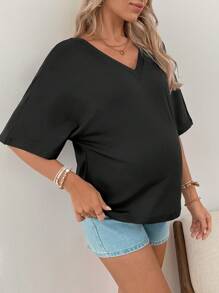 SHEIN Confortable T-shirt ample de maternité à col en V et manches chauve-souris, polyvalent pour les déplacements