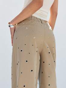 LYSMO Women's Loose Fit Wide Leg Eyelet Twill Pants