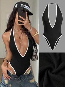 Coolane Damen Sommer Streetwear Outfit für Ausgehen, Urlaub, Strand, stretchiger tiefer V-Ausschnitt rückenfrei Träger Bodysuit