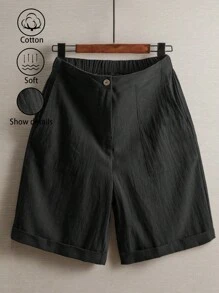 SHEIN JORESS Pantalones cortos de lino sólidos, holgados, casuales y versátiles con bolsillos para mujer