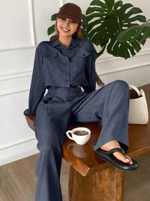 DAZY 女士休闲两件套，纯色宽松短袖衬衫和阔腿裤，春夏秋季家居服套装