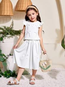 SHEIN 2pcs/Set Young Girl Fashion Cute 3D Bow Decor Round Neck Cap Sleeve Top And A-Line Skirt Suit, Versatile Daily Outfit Suitable For Spring/Summer, Vacation   Holiday  Travel  Summer  Relax