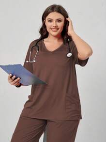 TaskEZ Plus Size Nursing Scrub Uniform Solid Color V-Neck Short Sleeve T-Shirt, Fashionable For Summer