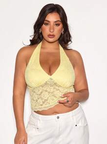 SHEIN BAE Top d'été en dentelle sexy et mignon, col en V, dos nu, style bohème. Convient pour les femmes, les grandes tailles, les vacances d'été, les sorties, les festivals de musique, les fêtes, les concerts, les carnavals. Couleur jaune beurre.