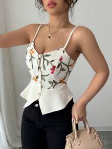 Elenzga 女士节日网眼刺绣花卉无袖短款束腰上衣 - 杏色 - 查看 6