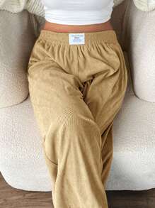 SHEIN EZwear Plus Size Women's Khaki High Waist Wide Leg Pants, Corduroy Fabric With Pockets And Patch Design, Suitable For Campus, Daily Wear And Indoor Work, Autumn/Winter - Yellow - View 3