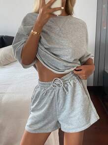 Livesso Dames zomer casual effen kleur drop shoulder T-shirt & shorts set van 2