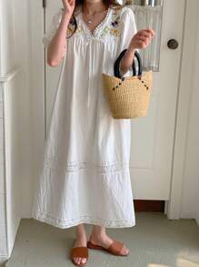 DAZY 女士优雅度假休闲宽松中长连衣裙，夏季连衣裙 - 白色 - 查看 2