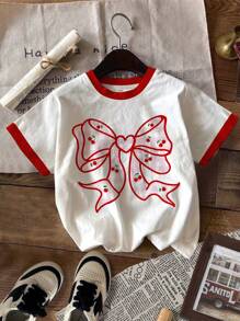 SHEIN Leap Crew 可爱甜美格子樱桃与蝴蝶结图案拼色青少年女孩休闲圆领短袖 T 恤，适合夏季 - 彩色 - 查看 2