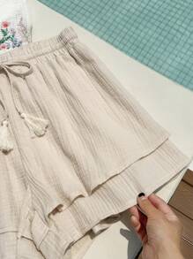 SHEIN EZwear Plus Size Woven Waist Tie Ruffle Hem Holiday Shorts, Spring - Apricot - View 5