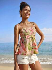 Travachic Women's Boho Tropical Print Woven Fabric Tank Top With Ruffle Hem And Spaghetti Straps - Pink - View 6
