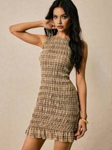 Poéselle Váy mini ôm sát kẻ sọc thanh lịch dành cho nữ, không tay, mùa hè - Màu Khaki - Xem 4