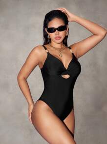 SHEIN Swim New Summer Women's Solid Color Adjustable Strap With Metal Decor Fitted One-Piece Swimsuit, Sexy & Elegant For Beach, Party, Valentine's Day - Black - View 4