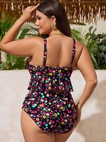 Swim Mod Plus Size Women Two Pieces Ditsy Floral Ruched Swimming Suit Set, Beach/Pool Vacation Outfit For Summer - Multicolor - View 2