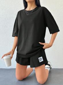 EURMUSE 100%纯棉女式纯色T恤和刺绣短裤