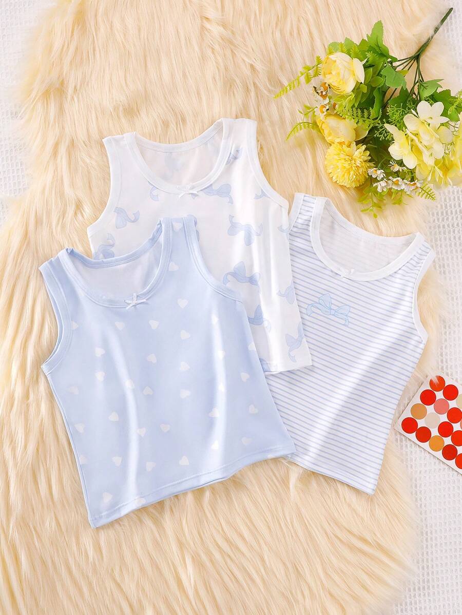 4pcs/Set Girls' Tank Tops, Butterfly, Hearts, Stars & Lines Graphic, Blue Series, Casual Undershirts, Sports Vest