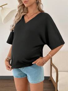 SHEIN Confortable T-shirt ample de maternité à col en V et manches chauve-souris, polyvalent pour les déplacements