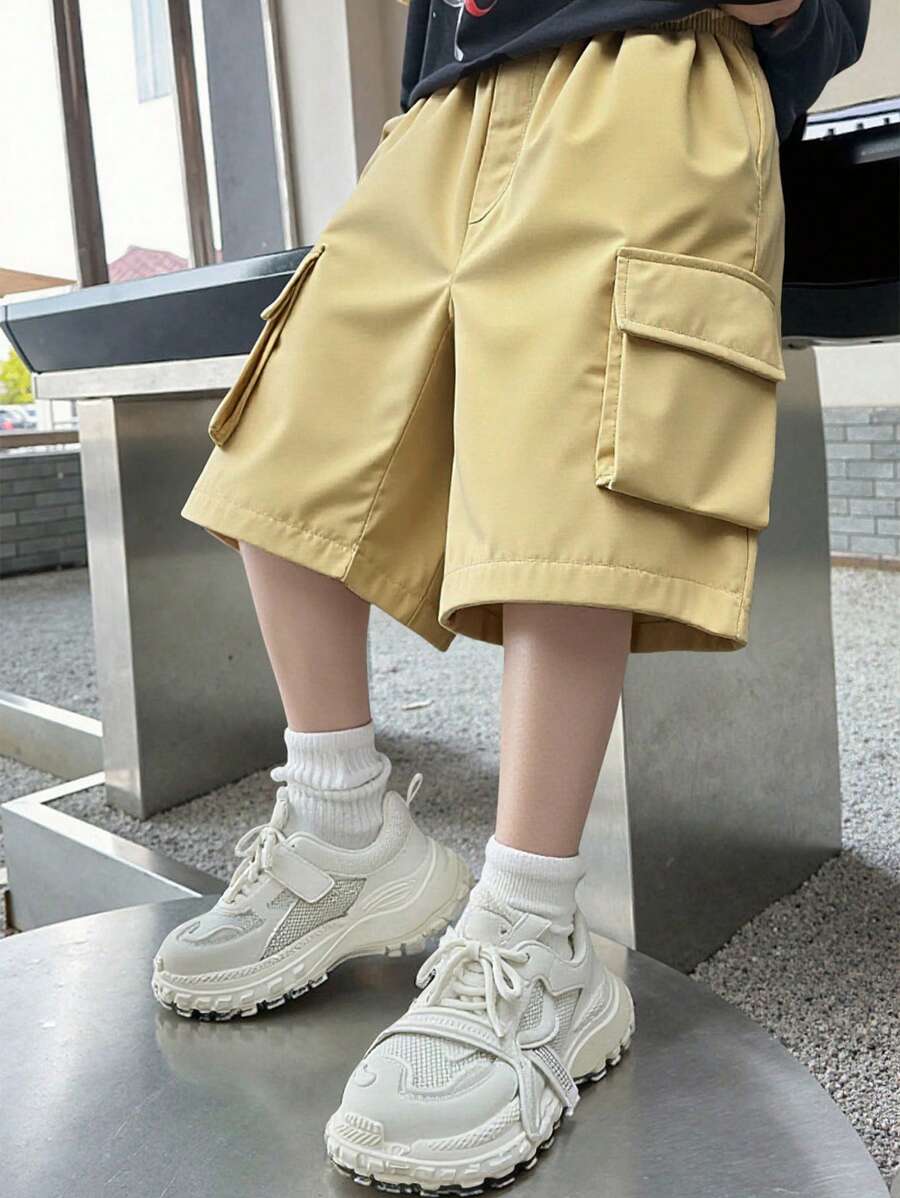 SHEIN Young Boys Casual Solid Color Straight Leg Bermuda Shorts, Comfortable & Fashionable Summer - Khaki - View 1