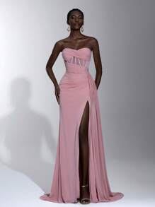 Elitara Elegant Pink Leather Strapless Twisted Waist Sheer Ruffle Fishtail High Slit Maxi Dress, Suitable For Spring/Summer Dating, Vacation, Party, Wedding, Graduation, Gala Events, Formal, Gown, For Evening, Wedding Guest - Dusty Pink - View 1