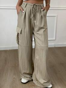 DAZY Women's Solid Color Loose Pocket Belt Cargo Pants, Casual Street-Style Summer Trousers - Khaki - View 6