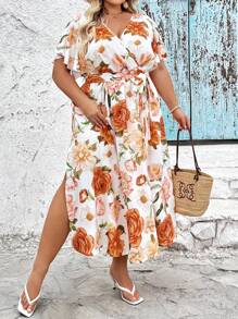 SHEIN CURVE+ Plus Size Summer Vacation V-Neck Loose Fitting Dress With Floral Print And Split Hem Detail, Women's, Valentine's Day Dress, Curve Plus, Boho Vacation Beach Outfits For Woman/Beach Dress/Beach Vacation Outfits/Beach Essentials / Graduation/Tea Party Dress