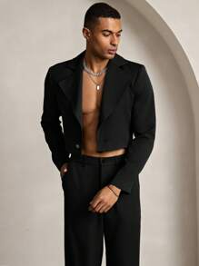 HIMLAND 男士休闲宽松梭织短款西装外套搭配松紧腰直筒裤套装（两件套），复古风格，婚礼礼服