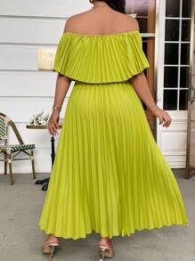 DreamSkyne 大码优雅露肩褶皱连衣裙 - 綠色 - 查看 2