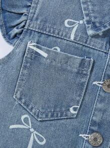 Young Girl' Casual Cute Bow Print Short Cap Sleeve Denim Set - Light Wash - View 8