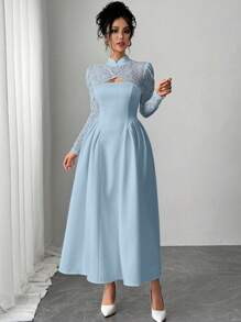 Firerie Đầm midi chữ A xếp ly màu trắng thanh lịch & tinh tế lãng mạn đi làm hàng ngày năm mới cổ áo Trung Quốc ren nối tay bồng xếp ly bên hông cho phụ nữ - Màu xanh lam - Xem 4