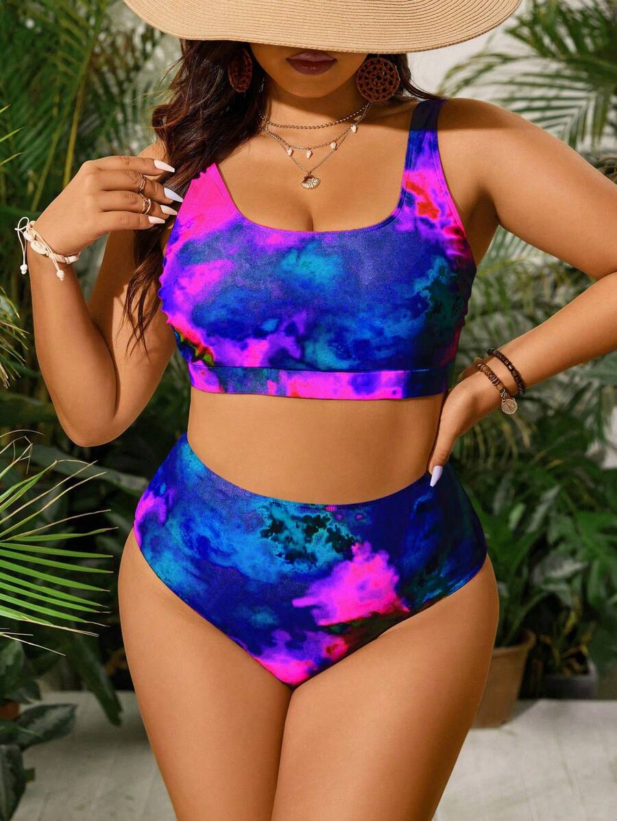 Swim Lushoire 2pcs/Set Plus Size Women Random Print Split Style Casual Vacation Swimsuit For Summer - Purple - View 1
