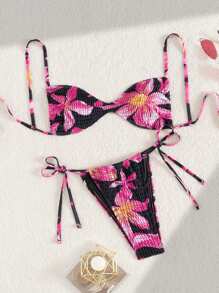 Swim Mod 2pcs Women Summer Beach Outfits, Spaghetti Strap Design Top And Side Tie Bikini Set, Fashionable Holiday Beach Clothing For Women