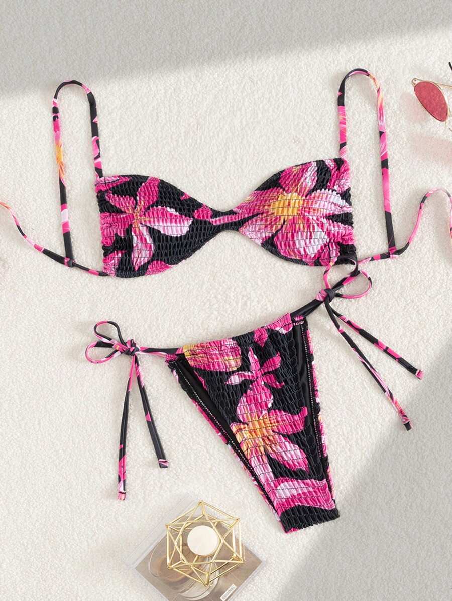 Swim Mod 2pcs Women Summer Beach Outfits, Spaghetti Strap Design Top And Side Tie Bikini Set, Fashionable Holiday Beach Clothing For Women