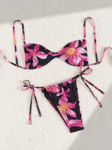 Swim Mod 2pcs Women Summer Beach Outfits, Spaghetti Strap Design Top And Side Tie Bikini Set, Fashionable Holiday Beach Clothing For Women