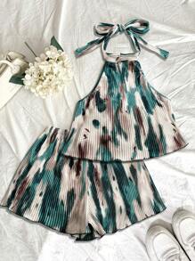Breezaya Set de crop top + pantaloni scurți cu imprimeu în acuarelă de vară pentru vacanță