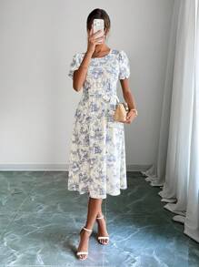 EMERY ROSE Damen Lässig Urlaubsstil Kleid mit Blume Muster und Rundhalsausschnitt, Kurzarm - Babyblau - Übersicht 6