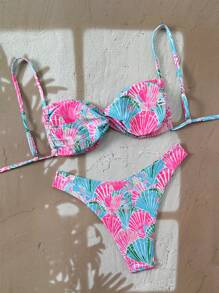 Swim Vcay 2pcs/Set New Ditsy Floral Twisted Strap Backless Top And High Cut Thong Bikini Swimsuit, Women Beach Holiday For Summer Beach Vacation