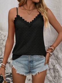 EMERY ROSE Women's Lace Patchwork Textured Camisole Top - Black - View 6