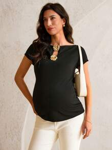 MaterniWear Maternity Work Clothes Maternity T-Shirt Short Sleeve Off Shoulder Solid Color Fashion Suitable For Summer Maternity Clothes Summer - Black - View 1