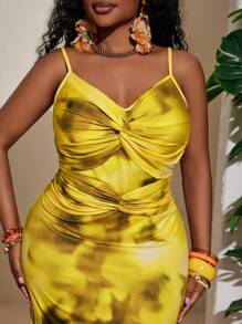 Slaydiva Plus Size Women Elegant & Romantic Party Twist Print Bodycon Slit Midi Dress - Yellow - View 3